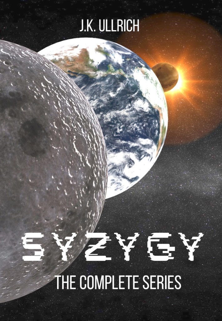 The cover of J.K. Ullrich's science fiction novel "Syzygy", showing Earth, the Moon, and Mars in alignment before a flaring star.