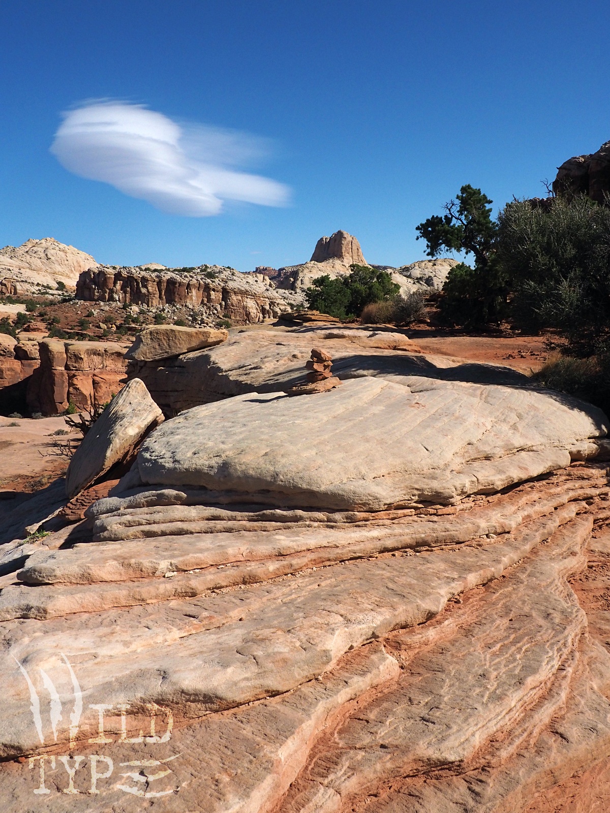 Desert stone ripples through the foregroud, heading toward a distant pinnacle. A small trail-marker cairn made of piled rocks mimics a lenticular cloud overhead.