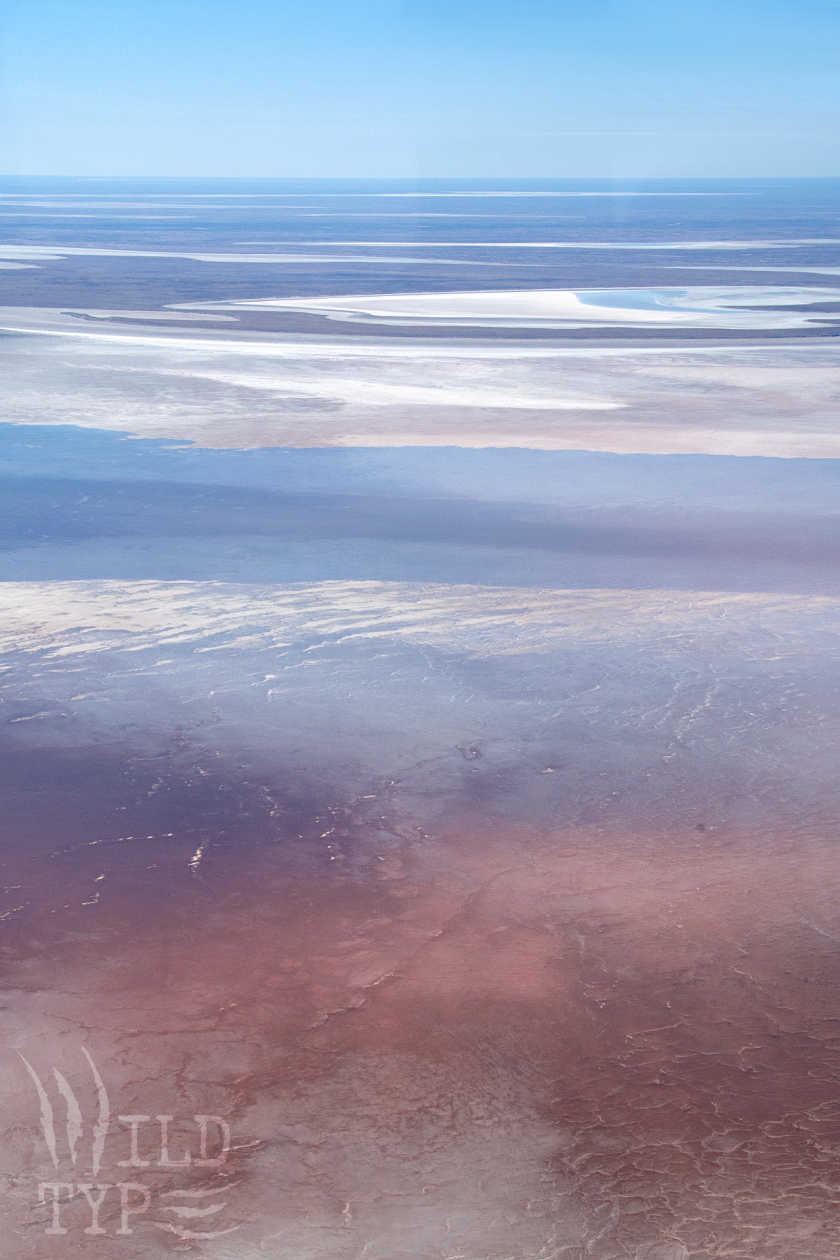 Aerial view of Kati Thanda/Lake Eyre in South Australia. White salt encrusts blue water that mirrors the sky, swirling away towards the horizon.