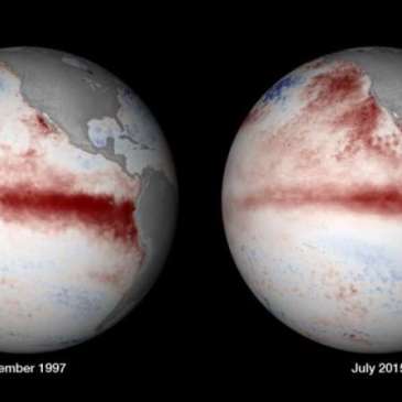 Side-by-side globes showing El Nino satellite data across the Pacific. The 1997 globe shows a thick red line near the equator; on the 2015 globe, the red indicators have spread up the west coast of the United States and into the Pacific.