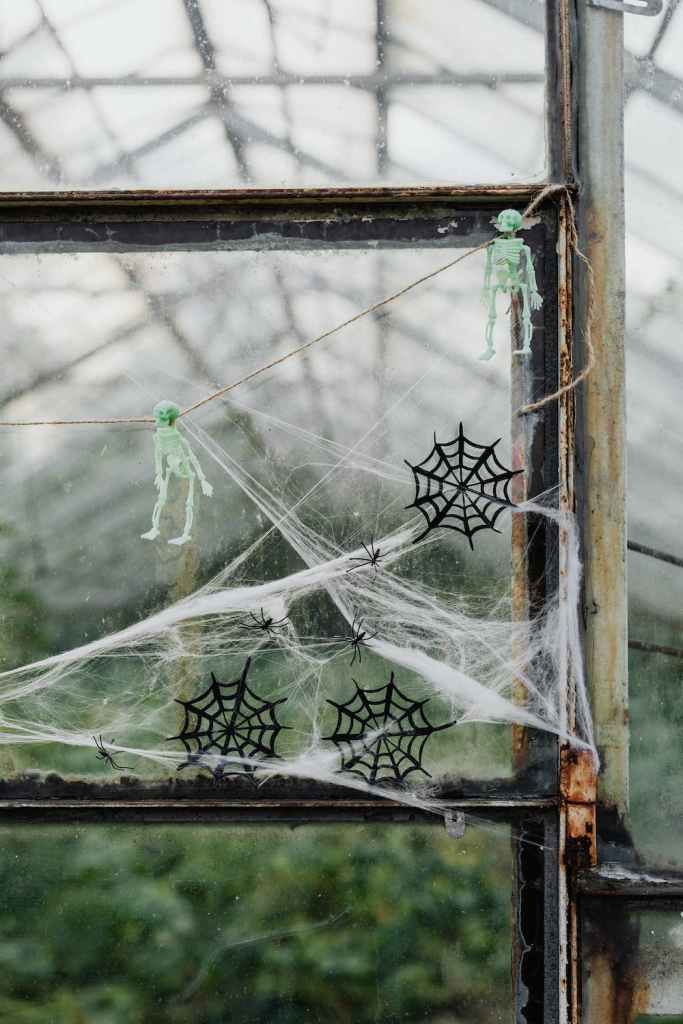 Artificial cobwebs strung in a windowframe, hung with tiny plastic skeletons.